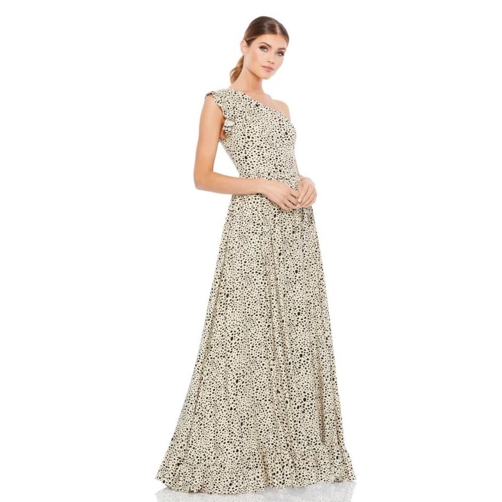 Ieena for Mac Duggal One Shoulder Dalmatian Print Gown Flutter Sleeve Size 0 NWT